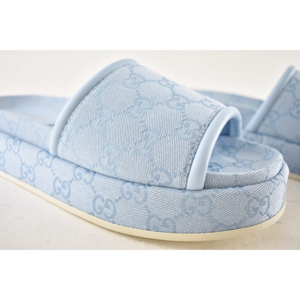 Gucci Light Blue GG Monogram Logo Canvas Mule Flat Slide Platform Sandal 39.5 - Picture 8 of 16